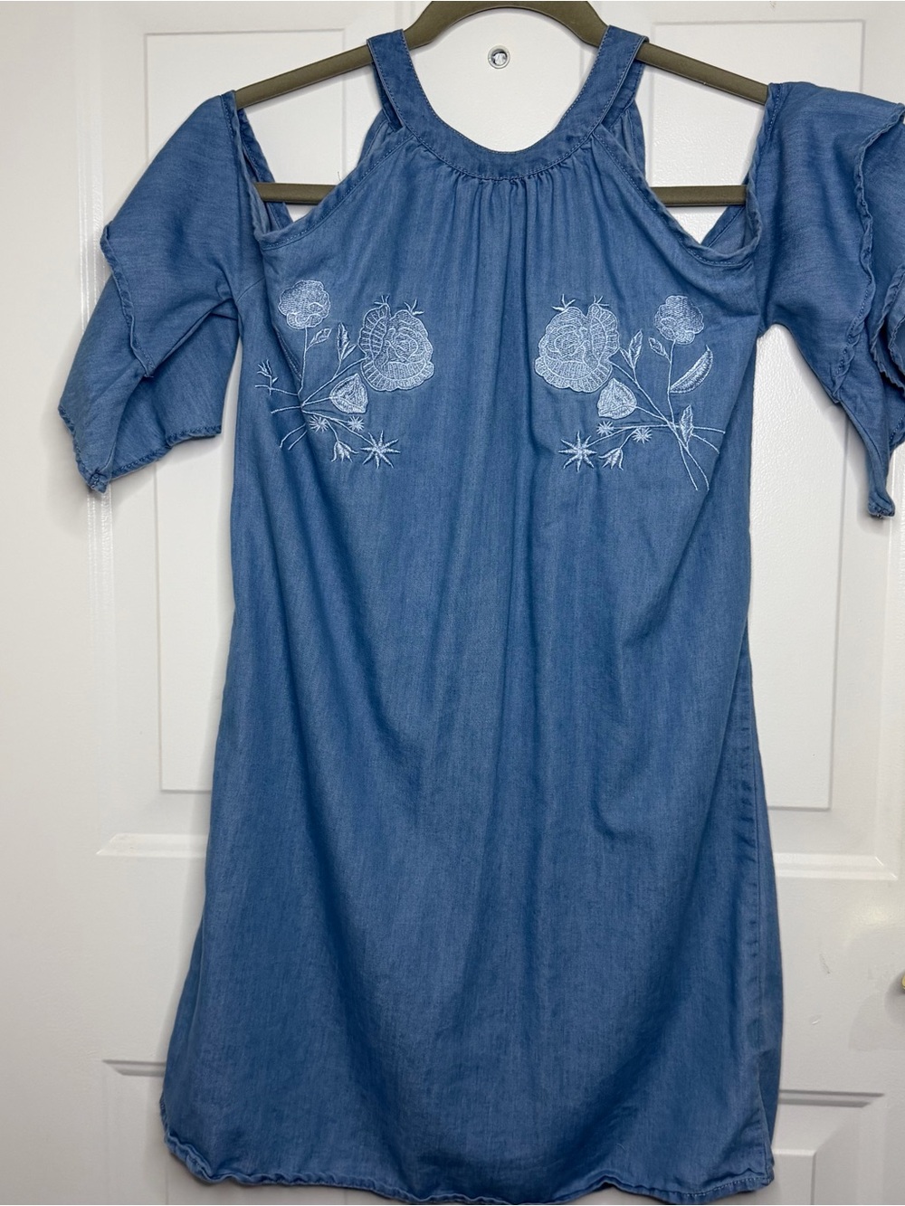 New Look Blue Cold-Shoulder Embroidered Chambray Dress